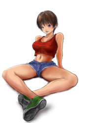 Rule 34 | 1girl, arm support, bare legs, blue eyes, brown hair, collarbone, crop top, denim, denim shorts, female focus, gluteal fold, knees apart feet together, looking at viewer, midriff, navel, open mouth, red tank top, resident evil, resident evil 2, shoe soles, shoes, short hair, short shorts, shorts, sitting, sneakers, solo, spread legs, tank top, teeth, thighs, upper teeth only, uriens, white background