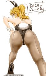 Rule 34 | 1girl, animal ears, ass, bare shoulders, black footwear, black hairband, black leotard, blonde hair, brown pantyhose, bunny day, chiaki tarou, eyebrows, eyelashes, fake animal ears, fake tail, from behind, hair between eyes, hairband, hand on own hip, high heels, high ponytail, legs apart, leotard, long hair, looking at viewer, looking back, original, pantyhose, playboy bunny, rabbit ears, rabbit tail, shoes, signature, simple background, solo, tail, white background, wrist cuffs, yellow eyes