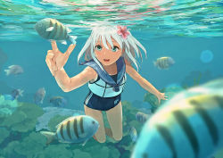 Rule 34 | 10s, 1girl, blonde hair, blue eyes, commentary request, crop top, fish, flower, hair flower, hair ornament, kantai collection, long hair, one-piece tan, open mouth, ro-500 (kancolle), sailor collar, school swimsuit, smile, solo, swimming, swimsuit, swimsuit under clothes, tan, tanline, underwater, water, youmak