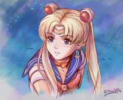 Rule 34 | 1girl, bishoujo senshi sailor moon, blonde hair, blue eyes, blue sailor collar, bow, bowtie, choker, circlet, collarbone, collared shirt, crescent, crescent earrings, double bun, earrings, female focus, hair bun, hair intakes, hair ornament, heart, heart choker, highres, indoors, jewelry, long hair, magical girl, meme, parted lips, red bow, red bowtie, red choker, sailor collar, sailor moon, sailor moon redraw challenge (meme), sailor senshi uniform, sailor shirt, shirt, solo, stephanie sybydlo, twintails, twitter username, upper body, very long hair, white shirt