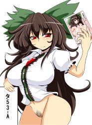 Rule 34 | 1girl, bottomless, breasts, brown hair, curvy, female focus, hair ornament, hair ribbon, highres, huge breasts, long hair, navel, pussy, red eyes, reiuji utsuho, ribbon, simple background, solo, standing, torii5011, touhou, translation request, uncensored, white background