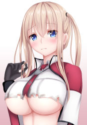 Rule 34 | 10s, 1girl, black gloves, blonde hair, blue eyes, blush, breasts, capelet, gloves, gradient background, graf zeppelin (kancolle), hair between eyes, jacket, kantai collection, large breasts, long hair, military, military uniform, no headwear, sidelocks, solo, tapisuke, torn clothes, torn jacket, twintails, underboob, uniform, white jacket