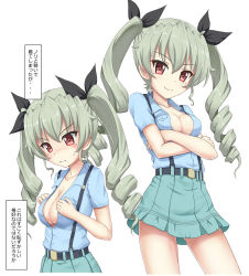 Rule 34 | 1girl, anchovy (girls und panzer), black ribbon, blue shirt, blush, breasts, cleavage, closed mouth, collared shirt, commentary request, crossed arms, dress shirt, flipper, girls und panzer, green hair, green skirt, hair between eyes, hair ribbon, medium breasts, multiple views, nose blush, pleated skirt, puffy short sleeves, puffy sleeves, red eyes, ribbon, ringlets, shirt, short sleeves, simple background, skirt, smile, suspender skirt, suspenders, sweat, translation request, twintails, v-shaped eyebrows, white background