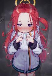 Rule 34 | 1girl, blue archive, blush, clenched hands, commentary request, embarrassed, forehead, halo, highres, in locker, jacket, kamuchin soda, locker, looking at viewer, pov, purple hair, red hair, school uniform, solo, sweat, twitter username, yuzu (blue archive)