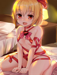 Rule 34 | 1girl, bed, bed sheet, blonde hair, breasts, candy, chiroshiron, chocolate, chocolate heart, collarbone, food, hair ribbon, heart, highres, lamp, looking at viewer, naked ribbon, on bed, pillow, red eyes, red ribbon, ribbon, rumia, short hair, sitting, small breasts, smile, solo, touhou, wariza