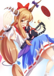 Rule 34 | 1girl, bow, brown hair, chain, clenched hand, cup, drunk, gourd, gradient background, hair bow, hair ribbon, horn ornament, horn ribbon, horns, ibuki suika, long hair, looking at viewer, oni, open mouth, ribbon, sakazuki, sawa nao, smile, solo, touhou, very long hair, yellow eyes