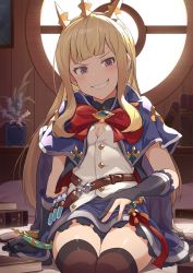 Rule 34 | 1girl, backlighting, belt, black thighhighs, blonde hair, blue cape, blue skirt, blush, book, bow, bracelet, breasts, brooch, cagliostro (dark) (granblue fantasy), cagliostro (granblue fantasy), cape, cleavage, granblue fantasy, grin, hinami (hinatamizu), jewelry, long hair, looking at viewer, purple eyes, red bow, shirt, sidelocks, sitting, skirt, small breasts, smile, solo, test tube, thighhighs, tiara, white shirt, window