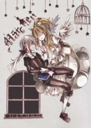 Rule 34 | 1boy, 1girl, :d, ^ ^, bad id, bad pixiv id, birdcage, blonde hair, book, cage, closed eyes, copyright name, couple, doll, elisabeth von wettin, feathered wings, hetero, holding, holding book, long hair, maerchen (sound horizon), marz von ludowing, open mouth, ponytail, satsuan0120, silver hair, smile, sound horizon, star (symbol), white wings, window, wings