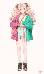 Rule 34 | 1girl, absurdres, air max 95, animal ears, bag, bell, belt, between breasts, blonde hair, blue shorts, bow, breasts, closed mouth, curly hair, earrings, full body, green jacket, hair bell, hair bow, hair ornament, highres, jacket, jewelry, jingle bell, long hair, looking at viewer, multicolored clothes, multicolored jacket, nike (company), open clothes, open jacket, orange belt, original, parted bangs, pink jacket, purple eyes, shoes, short shorts, shorts, shoulder bag, simple background, smile, sneakers, socks, solo, standing, strap between breasts, sweater, torn clothes, torn shorts, white background, white socks, yd (orange maru), yellow sweater