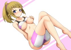 Rule 34 | 10s, 1girl, alfort (may0508), ass, bare shoulders, barefoot, bike shorts, blue eyes, blush, breasts, brown hair, clothes lift, clothes pull, covering privates, covering breasts, covering nipples, gundam, gundam build fighters, gundam build fighters try, highres, hoshino fumina, large breasts, long hair, looking at viewer, midriff, navel, ponytail, scrunchie, shirt lift, shorts, shorts pull, smile, solo, sports bra, sports bra lift, two-tone sports bra