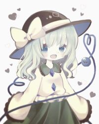 Rule 34 | 1girl, blouse, bow, buttons, diamond button, frilled shirt collar, frilled sleeves, frills, green eyes, green hair, green skirt, hat, hat bow, highres, komeiji koishi, mike (mikeneko), open mouth, ribbon, shirt, skirt, solo, teeth, touhou, upper body, upper teeth only, white background, wide sleeves, yellow bow, yellow ribbon, yellow shirt