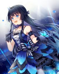 Rule 34 | 1girl, :d, absurdres, audience, bad id, bad pixiv id, black choker, black gloves, black hair, blue eyes, blush, bow, bug, butterfly, choker, collarbone, cowboy shot, dress, dutch angle, floating hair, gloves, hair bow, hair intakes, hair ornament, highres, idolmaster, idolmaster million live!, idolmaster million live! theater days, insect, ion (on01e), layered dress, long hair, mogami shizuka, multicolored hair, open mouth, pantyhose, petals, short dress, silver hair, smile, solo, stage, standing, striped, striped bow, two-tone hair, very long hair, white pantyhose