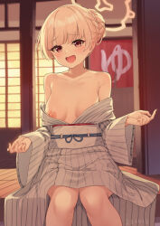 Rule 34 | 1girl, absurdres, blonde hair, blue archive, blush, breasts, collarbone, dated, feet out of frame, halo, highres, japanese clothes, kimono, long sleeves, nipples, nodoka (blue archive), nodoka (hot spring) (blue archive), obi, open mouth, pizza (pizzania company), red eyes, sash, short hair, small breasts, smile, solo, white kimono, wide sleeves, yellow halo