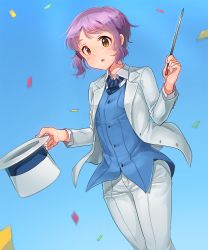 Rule 34 | 10s, 1girl, baton, blue background, blue vest, breasts, buttoned cuffs, buttons, coat, collared shirt, commentary, confetti, cowboy shot, formal, hat, highres, holding, holding clothes, holding hat, idolmaster, idolmaster million live!, jacket, kamille (vcx68), long sleeves, looking at viewer, magician, makabe mizuki, nail polish, open mouth, pants, purple hair, shirt, short hair, short hair with long locks, sidelocks, small breasts, solo, standing, suit, suit jacket, top hat, unworn hat, unworn headwear, vest, white coat, white hat, white pants, white shirt, wind, wing collar, yellow eyes