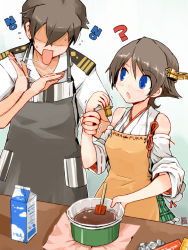 Rule 34 | 10s, 1boy, 1girl, ?, admiral (kancolle), afterimage, arm grab, bare shoulders, blue eyes, blush, bowl, brown hair, chocolate, commentary request, cooking, curry roux bar, detached sleeves, english text, flying sweatdrops, gradient background, hairband, hiei (kancolle), kanoe soushi, kantai collection, looking at another, military, military uniform, milk carton, motion lines, nontraditional miko, open mouth, plaid, plaid skirt, pleated skirt, puka puka, ribbon-trimmed sleeves, ribbon trim, shaded face, short hair, skirt, standing, sweatdrop, trembling, uniform, waving