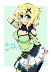 Rule 34 | 1girl, akatsuki kirika, arm up, belt, black thighhighs, blonde hair, breasts, cleavage, cleavage cutout, clothing cutout, commentary request, cowboy shot, green eyes, hair ornament, happy birthday, legs together, looking at viewer, medium breasts, open mouth, senki zesshou symphogear, shiny skin, short hair, skirt, solo, standing, thighhighs, white skirt, x hair ornament, zetsumu