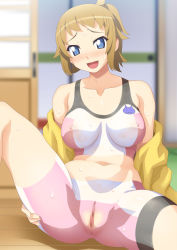 Rule 34 | 10s, 1girl, anus, blonde hair, blue eyes, blush, bodypaint, breasts, censored, collarbone, female focus, gundam, gundam build fighters, gundam build fighters try, highres, hoshino fumina, jacket, large breasts, legs, long hair, looking at viewer, mosaic censoring, navel, open clothes, open mouth, painted clothes, ponytail, pussy, sitting, solo, studio sunadokei, sweat, thighs