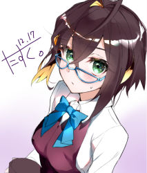 Rule 34 | 1girl, artist name, black hair, blonde hair, blue-framed eyewear, commentary request, dated, dress, glasses, gradient background, green eyes, halterneck, kantai collection, looking at viewer, multicolored hair, narumiya (empty cafe), okinami (kancolle), one-hour drawing challenge, purple background, school uniform, shirt, short hair, sleeveless, sleeveless dress, solo, upper body, white background, white shirt