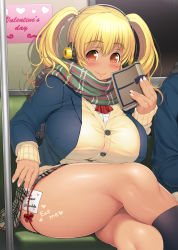 Rule 34 | 1girl, :q, ascot, blonde hair, blue jacket, blush, book, breasts, cardigan, crossed legs, english text, eyebrows, fingernails, headphones, heart, holding, holding book, huge breasts, jacket, kneehighs, leg ribbon, licking lips, long sleeves, looking at viewer, miniskirt, nitroplus, note, open clothes, open jacket, out of frame, plaid, plaid scarf, plaid skirt, plump, ribbon, scarf, short hair, sitting, skirt, smile, socks, solo focus, sun tattoo, super pochaco, sweat, tan, taut clothes, thick thighs, thigh ribbon, thighs, tongue, tongue out, train, train interior, tsuji santa, twintails, valentine, vehicle interior
