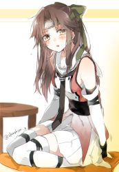 Rule 34 | 10s, 1girl, bow, brown eyes, brown hair, cushion, detached sleeves, forehead protector, gloves, hair bow, half updo, jintsuu (kancolle), jintsuu kai ni (kancolle), kantai collection, long hair, looking at viewer, necktie, seiza, sino (sionori), sitting, solo, table, thighhighs, twitter username, white gloves, white thighhighs, yellow eyes