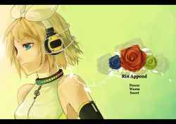 Rule 34 | 1girl, aqua eyes, bad id, bad pixiv id, blonde hair, blue flower, blue rose, flower, hair ornament, hair ribbon, hairclip, headphones, highres, kagamine rin, kagamine rin (append), letterboxed, portrait, red flower, red rose, ribbon, rioko, rose, short hair, solo, vocaloid, vocaloid append, yellow flower, yellow rose