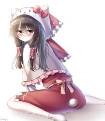 Rule 34 | 1girl, animal ears, ankle socks, artist name, blush, bow, brown eyes, brown hair, cape, cat ears, crossover, frilled bow, frilled skirt, frills, hair bow, hair tubes, hakurei reimu, hello kitty, highres, long hair, looking at viewer, looking back, midriff peek, pudding (skymint 028), red ribbon, red shirt, red skirt, ribbon, sanrio, shirt, shy, sitting, skirt, skirt set, socks, solo, sweatdrop, tail, touhou, wariza, white background, white cape, white socks