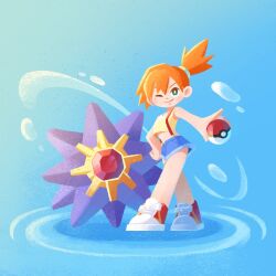 Rule 34 | 1girl, ;), asymmetrical hair, blue background, breasts, closed mouth, creatures (company), crop top, denim, denim shorts, female focus, full body, game freak, gen 1 pokemon, green eyes, hand on own hip, holding, holding poke ball, looking at viewer, midriff, misty (pokemon), nintendo, one eye closed, orange hair, poke ball, poke ball (basic), poke ball (generic), pokemon, pokemon rgby, ponytail, shirt, shoes, short hair, short shorts, shorts, side ponytail, smile, sneakers, solo, standing, starmie, suspenders, tank top, water, wink