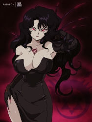 Rule 34 | 1girl, artist name, aura, bare shoulders, black dress, black gloves, black hair, bluethebone, breasts, cleavage, dress, elbow gloves, fullmetal alchemist, gloves, glowing, hand on own hip, highres, homunculus, large breasts, long hair, looking at viewer, lust (fma), ouroboros, parted lips, red eyes, retro artstyle, skin tight, smile, solo, strapless, strapless dress