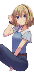 Rule 34 | 1girl, alice margatroid, alternate costume, aoi (annbi), black pants, blonde hair, blouse, blue eyes, blue shirt, closed mouth, collarbone, collared shirt, contemporary, hair between eyes, hairband, highres, pants, red hairband, shirt, short hair, short sleeves, simple background, solo, touhou, white background