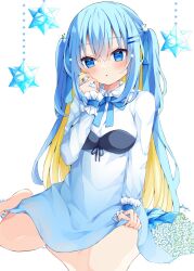Rule 34 | 1girl, :o, barefoot, blonde hair, blue bow, blue dress, blue eyes, blue hair, bow, breasts, commentary request, dress, hair bow, hair ornament, hairclip, hand up, long hair, long sleeves, looking at viewer, maki soutoki, medium breasts, multicolored hair, original, parted lips, simple background, sitting, solo, two-tone hair, two side up, very long hair, white background, white dress