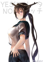 Rule 34 | 1girl, alternate hairstyle, ass, bad id, bad pixiv id, blue skirt, blush, breasts, commentary request, cosplay, english text, from side, fubuki (kancolle), fubuki (kancolle) (cosplay), hair between eyes, hand on own ass, headgear, juurouta, kantai collection, large breasts, long hair, looking at viewer, midriff, nagato (kancolle), pleated skirt, red eyes, sailor collar, school uniform, serafuku, simple background, skirt, solo, text background, twitter username, undersized clothes, upper body, very long hair, white background