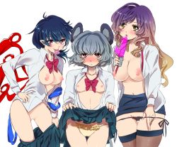 Rule 34 | 3girls, alternate costume, animal ears, asymmetrical wings, black hair, black legwear, black panties, blush, bottomless, bow, bowtie, breasts, breasts out, brown eyes, brown hair, clothes lift, clothes pull, condom, condom in mouth, contemporary, dildo, dress shirt, female focus, gradient hair, grey hair, hand on own hip, hijiri byakuren, houjuu nue, large breasts, mouse ears, mouth hold, multicolored hair, multiple girls, navel, nazrin, nipples, no bra, no panties, office lady, open clothes, open shirt, panties, pencil skirt, poko (mammypoko), purple hair, pussy, red eyes, school uniform, sex toy, shirt, short hair, simple background, skirt, skirt lift, skirt pull, smile, thighhighs, touhou, two-tone hair, uncensored, underwear, white background, wings