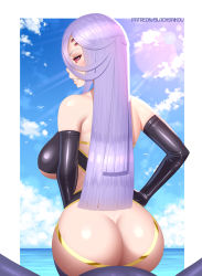 Rule 34 | 1girl, arthropod girl, ass, bare shoulders, black gloves, blacksaikou, blue sky, breasts, cloud, commentary, elbow gloves, english commentary, extra eyes, from behind, gloves, half updo, hand on own hip, highres, insect girl, large breasts, lens flare, light purple hair, light rays, long hair, looking at viewer, looking back, mole, mole under mouth, monster musume no iru nichijou, no pupils, parted lips, patreon username, red eyes, sky, solo, spider girl, sunbeam, sunlight