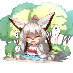 Rule 34 | 1girl, ^ ^, absurdly long hair, animal ear fluff, animal ears, blush, chibi, closed eyes, collarbone, facing viewer, fox ears, fox girl, fox tail, grey hair, hair between eyes, high ponytail, highres, japanese clothes, kimono, long hair, long sleeves, obi, open mouth, original, ponytail, sash, simple background, sitting, soaking feet, solo, sweat, tail, translation request, tree, very long hair, water, white background, white kimono, wide sleeves, yuuji (yukimimi)