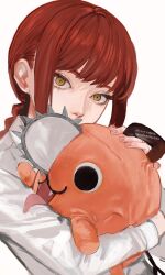 Rule 34 | 1girl, :3, braid, braided ponytail, chainsaw, chainsaw man, character doll, collared shirt, covered mouth, hugging doll, fangs, highres, kamo (kamonegioisi), looking at viewer, makima (chainsaw man), medium hair, hugging object, pochita (chainsaw man), red hair, ringed eyes, shirt, sidelocks, simple background, solo, tongue, tongue out, twitter username, white background, white shirt, yellow eyes