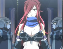 Rule 34 | 1girl, 2boys, armor, bare shoulders, breasts, cleavage, erza knightwalker, erza scarlet, fairy tail, hair over one eye, highres, large breasts, long hair, multiple boys, red hair, scarf, screencap, serious, stitched, third-party edit