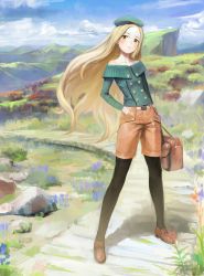 Rule 34 | 1girl, bag, bare shoulders, beret, black pantyhose, blonde hair, blue sky, blush, cliff, cloud, collarbone, day, full body, grass, hand in pocket, handbag, hat, highres, holding, legs apart, loafers, long hair, long sleeves, nababa, original, outdoors, pantyhose, path, road, scenery, shoes, shorts, sky, smile, solo, standing, very long hair, yellow eyes
