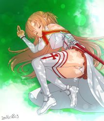 Rule 34 | 1girl, asuna (sao), bad id, bad pixiv id, brown hair, closed eyes, cum, cum in pussy, dated, ginko (silver fox), grass, long hair, lying, on side, pussy, rapier, red skirt, skirt, sleeping, solo, sword, sword art online, thighhighs, uncensored, weapon, white thighhighs
