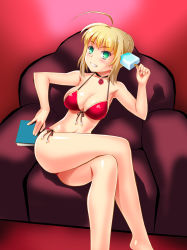 Rule 34 | 10s, 1girl, ahoge, aqua eyes, ass, bikini, blonde hair, blush, book, breasts, chair, cleavage, clenched teeth, crossed legs, fate/extra, fate/grand order, fate (series), food, highres, large breasts, looking at viewer, navel, nero claudius (fate), nero claudius (fate) (all), nero claudius (fate/extra), ngo (ngo dandelion), popsicle, red bikini, sitting, solo, swimsuit, teeth