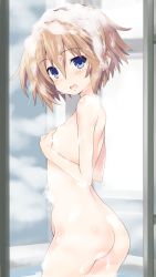 Rule 34 | 1girl, ass, ass focus, bathing, blanc (neptunia), blue eyes, blush, breasts, brown hair, covering privates, covering breasts, highres, iwashi dorobou -r-, neptune (series), nude, open mouth, resized, shampoo, short hair, small breasts, soap bubbles, solo, steam, upscaled