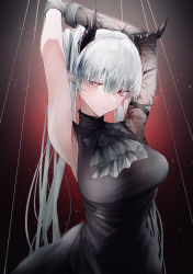 Rule 34 | 1girl, absurdres, arknights, armpits, arms up, black dress, blush, breasts, chained sarkaz girl, closed mouth, cuffs, dress, earrings, gradient background, grey hair, hamaguri-san (hamagur69200744), highres, horns, impossible clothes, impossible dress, jewelry, large breasts, long hair, looking at viewer, pointy ears, red background, red eyes, shackles, single sleeve, solo, twintails, upper body, very long hair