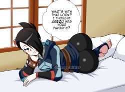 Rule 34 | 1girl, artist name, ass, bed, belt, black hair, blue eyes, blush, cheek rest, come hither, creatures (company), english text, game freak, hair over one eye, highres, hood, hoodie, huge ass, leggings, lying, mai (pokemon), mergeritter, nintendo, on side, pillow, pokemon, pokemon legends: arceus, second-party source, seductive smile, smile, solo, speech bubble, toeless legwear