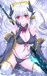 Rule 34 | 1girl, alternate costume, bikini, black bikini, black gloves, bow, breasts, detached collar, dragon girl, dragon horns, elbow gloves, fate/grand order, fate (series), front-tie bikini top, front-tie top, gloves, gold trim, hair bow, highres, horns, kiyohime (fate), kiyohime (fate/grand order), kiyohime (swimsuit lancer) (fate), kiyohime (swimsuit lancer) (third ascension) (fate), large breasts, long hair, morizono shiki, multi-strapped bikini, multiple horns, navel, polearm, ponytail, red eyes, solo, spear, swimsuit, thighhighs, weapon, white hair, white thighhighs
