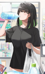 Rule 34 | 1girl, absurdres, black hair, bottle, breasts, brown eyes, collarbone, colored inner hair, convenience store, drinking, earrings, green hair, hair intakes, highres, indoors, jewelry, large breasts, looking at viewer, miru (ormille), mole, mole on breast, mole under eye, multicolored hair, original, ormille, shirt, shop, short hair, smile, solo, two-tone hair, water, water bottle