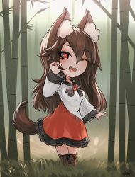 Rule 34 | 1girl, animal ear fluff, animal ears, bamboo, bamboo forest, boots, brooch, brown hair, chibi, claw pose, cross-laced footwear, dress, ehrrr, fangs, forest, hair between eyes, highres, imaizumi kagerou, jewelry, lace-up boots, long hair, nail polish, nature, one eye closed, red eyes, red nails, smile, solo, tail, touhou, two-tone dress, wide sleeves, wolf ears, wolf girl, wolf tail