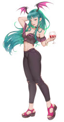 Rule 34 | 1girl, alternate costume, black choker, black pants, bracelet, breasts, capcom, casual, cheshirrr, choker, cleavage, commentary, cup, demon girl, drinking glass, english commentary, feet, full body, glass, green eyes, green hair, head wings, highres, holding, holding cup, jewelry, long hair, looking at viewer, medium breasts, midriff, mole, mole under eye, morrigan aensland, navel, open mouth, pants, pink footwear, platform footwear, sandals, simple background, smile, solo, standing, teeth, toes, upper teeth only, vampire (game), white background, wine glass, wings