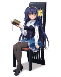 Rule 34 | 10s, 1girl, absolute duo, absurdres, black pantyhose, blue hair, blue skirt, book, chair, full body, hair ornament, high heels, highres, holding, holding book, long hair, looking at viewer, mary janes, orange eyes, pantyhose, red eyes, shoes, simple background, sitting, skirt, solo, tachibana tomoe, tachibana tomoe (absolute duo), white background