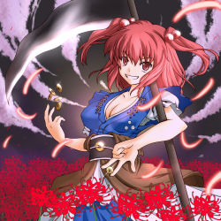 Rule 34 | 1girl, breasts, clearfile, cleavage, cloud, coin, female focus, flower, glowing, glowing petals, hair bobbles, hair ornament, medium breasts, obi, onozuka komachi, petals, red eyes, red hair, sash, scythe, short hair, short twintails, smile, solo, spider lily, touhou, twintails, two side up