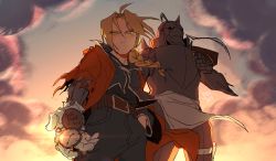 Rule 34 | 2boys, ahoge, alphonse elric, armor, artist name, belt, belt buckle, black legwear, black pants, black shirt, blonde hair, blouse, braid, brothers, brown belt, buckle, cloud, coat, commentary, cowboy shot, edward elric, english commentary, english text, from below, frown, full armor, fullmetal alchemist, gloves, hair between eyes, hand in pocket, highres, holding, holding pocket watch, long sleeves, looking at viewer, male focus, mechanical arms, multiple boys, orange sky, outdoors, pants, parted bangs, pocket watch, red coat, shirt, siblings, signature, single braid, single mechanical arm, sky, spidertams, watch, white gloves, wind, yellow eyes
