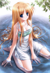 Rule 34 | 1girl, absurdres, barefoot, blonde hair, blue eyes, breasts, cleavage, dress, highres, long hair, sakaki maki, sitting, solo, submerged, sundress, very long hair, wariza, water, wet, wet clothes